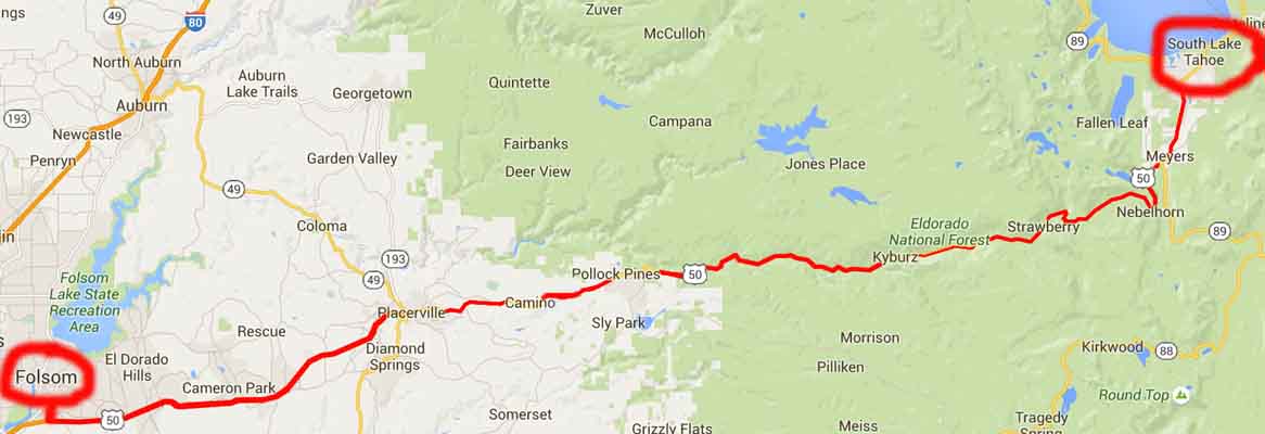 Picture of Google Map with Highway 50 highlighted from Folsom to South Lake Tahoe, CA indicating Carnahan Electric Ltd.'s service area